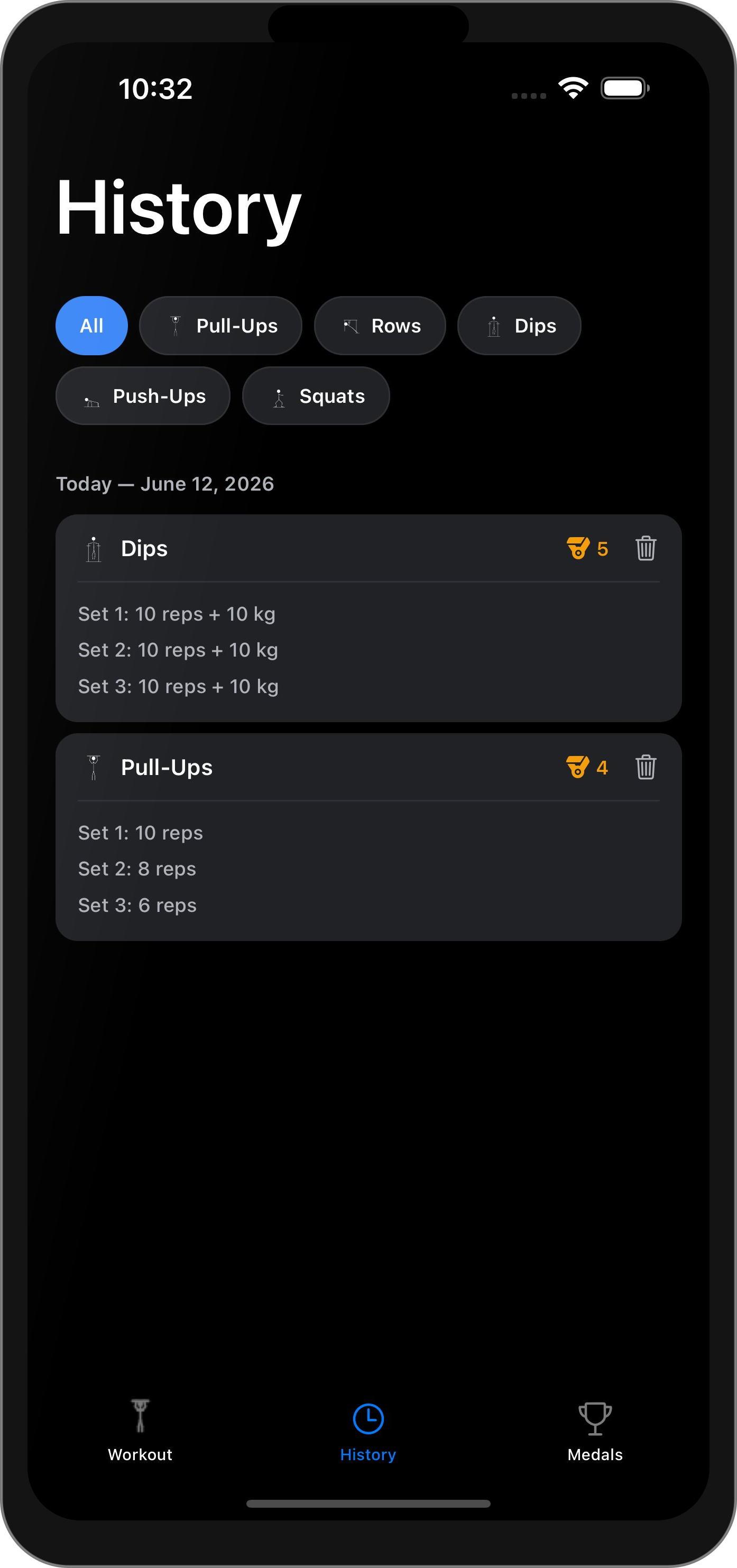 Calibase History screen