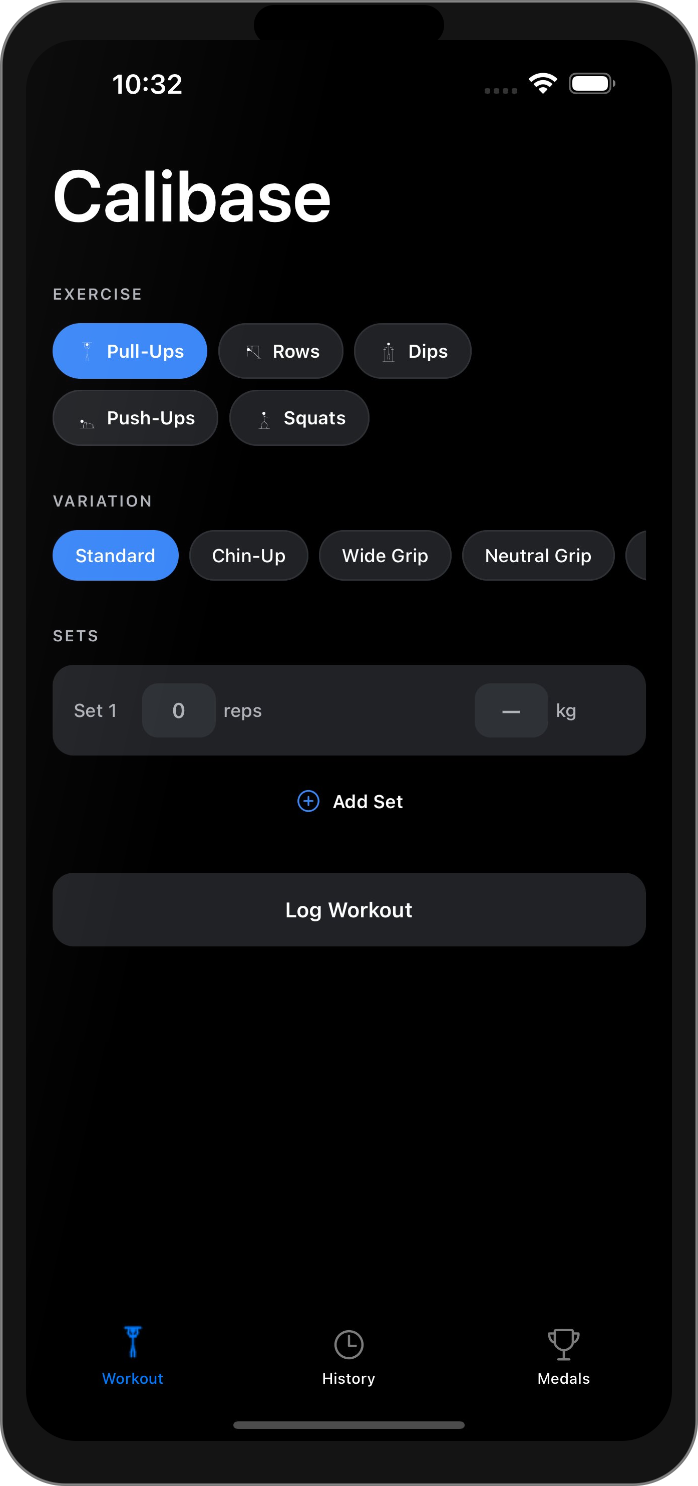 Calibase Workout screen